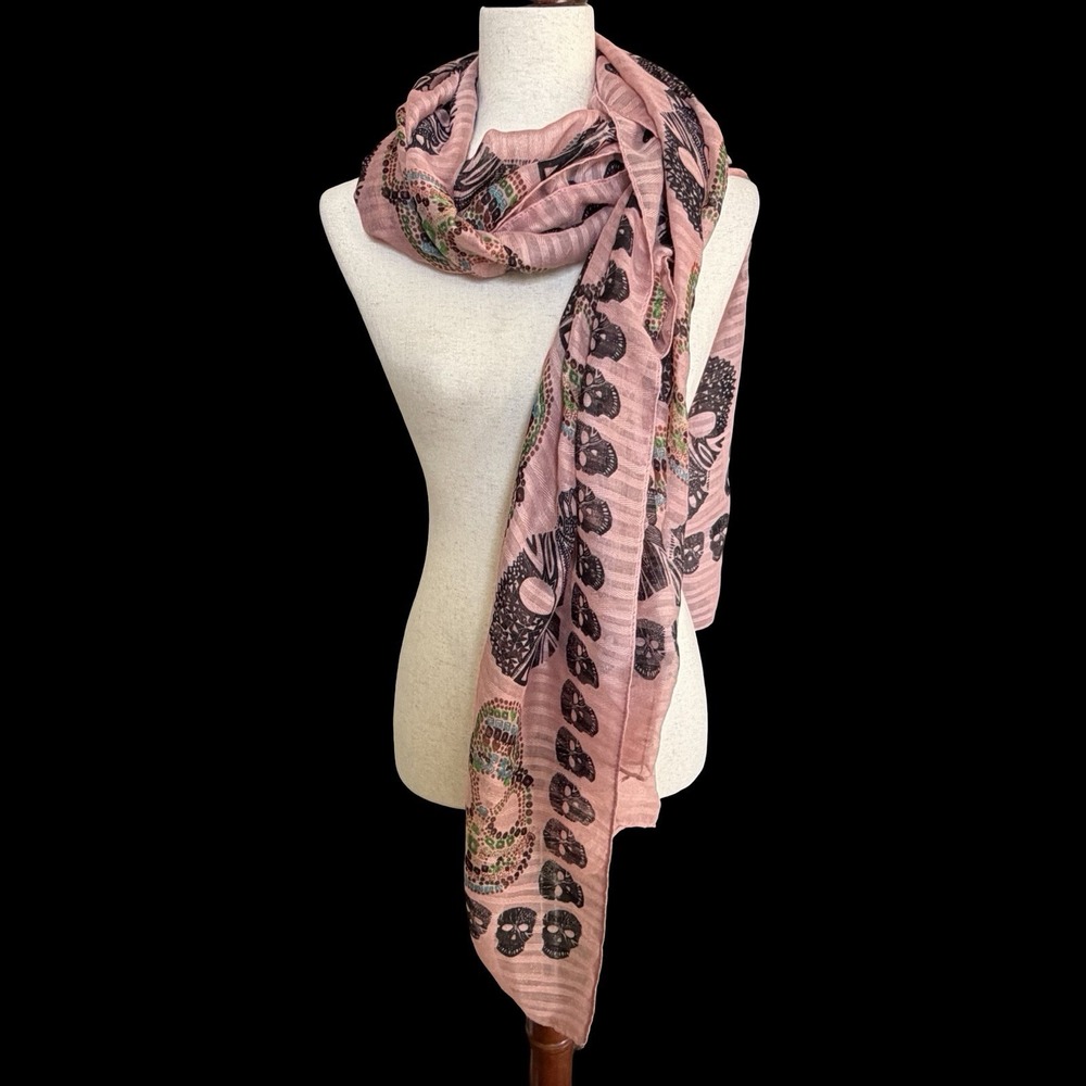 Riah Fashion Scarf Wrap Sugar Skull Day Of Dead Black Pink Dia De Los Muertos
